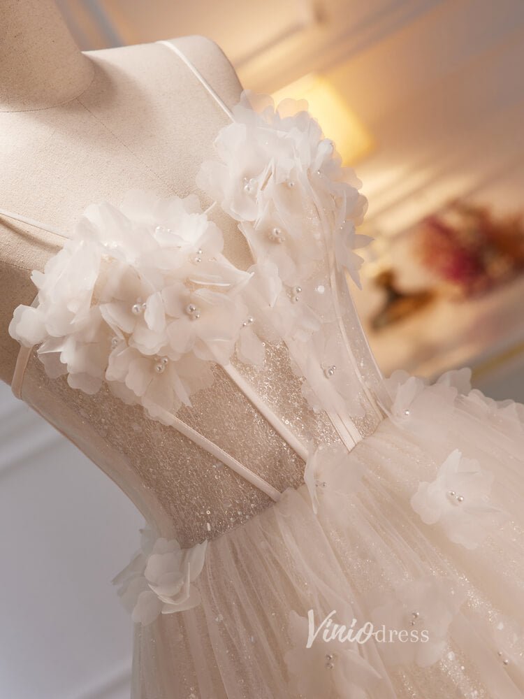 Spaghetti Strap Champagne Ball Gown Glittery Lace Prom Dress Corset Ba –  Viniodress