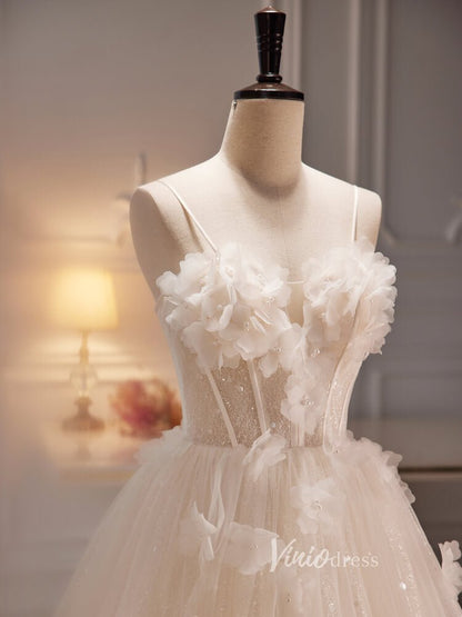 Spaghetti Strap Champagne Ball Gown Glittery Lace Prom Dress Corset Back FD3527-prom dresses 2025 -Viniodress-Long-Champagne-Custom Size