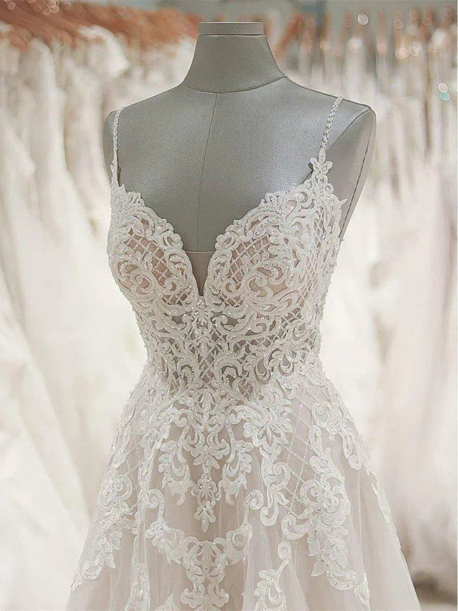 Spaghetti Strap Champagne Beach Wedding Dresses Beaded VW1236-wedding dresses-Viniodress-Viniodress