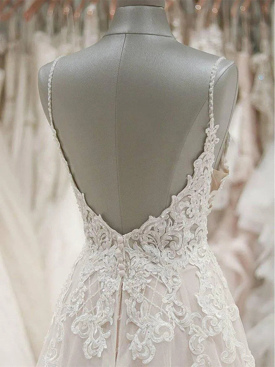 Spaghetti Strap Champagne Beach Wedding Dresses Beaded VW1236-wedding dresses-Viniodress-Viniodress