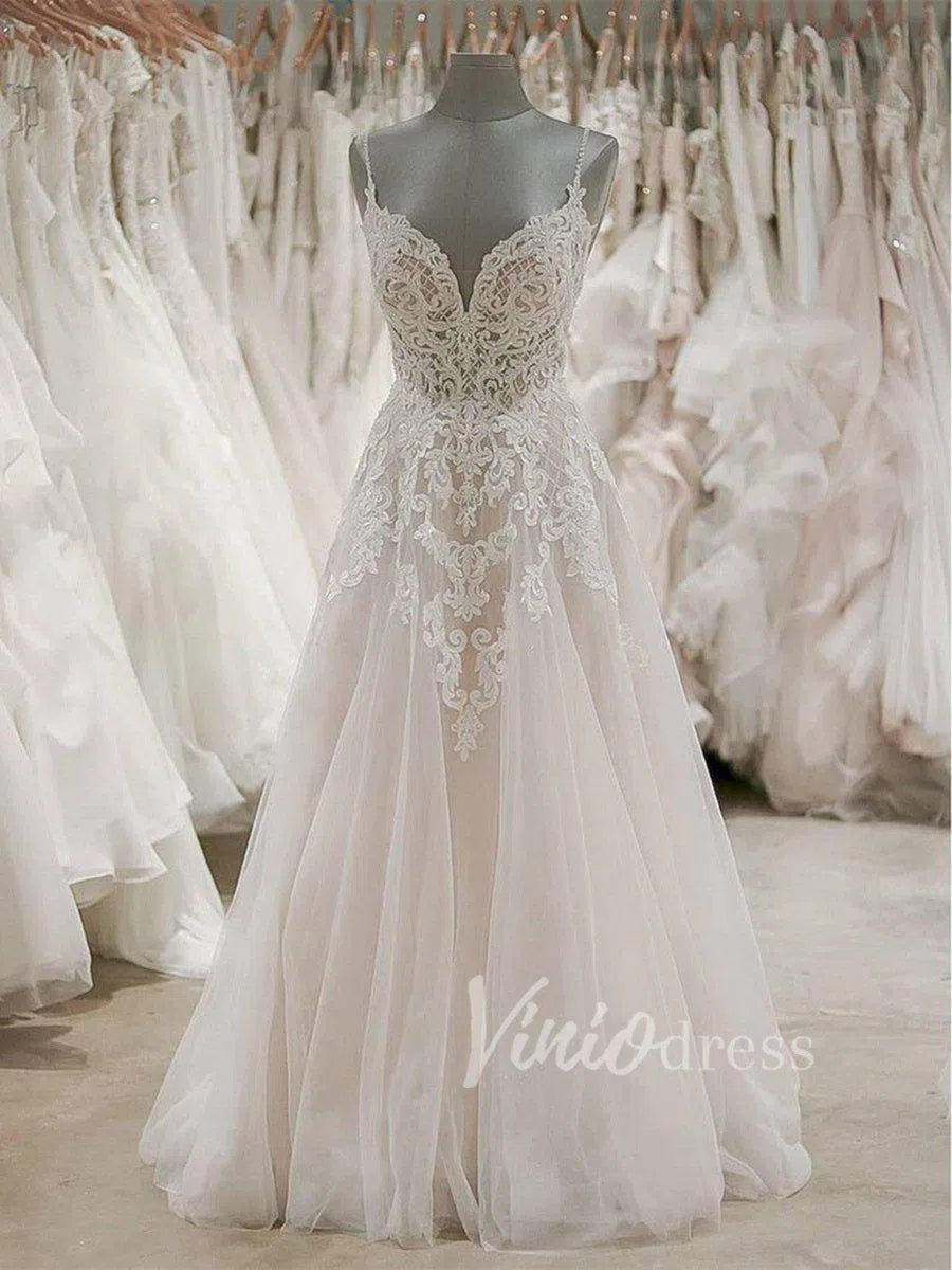 Spaghetti Strap Champagne Beach Wedding Dresses Beaded VW1236-wedding dresses-Viniodress-As Picture-Custom Size-Viniodress