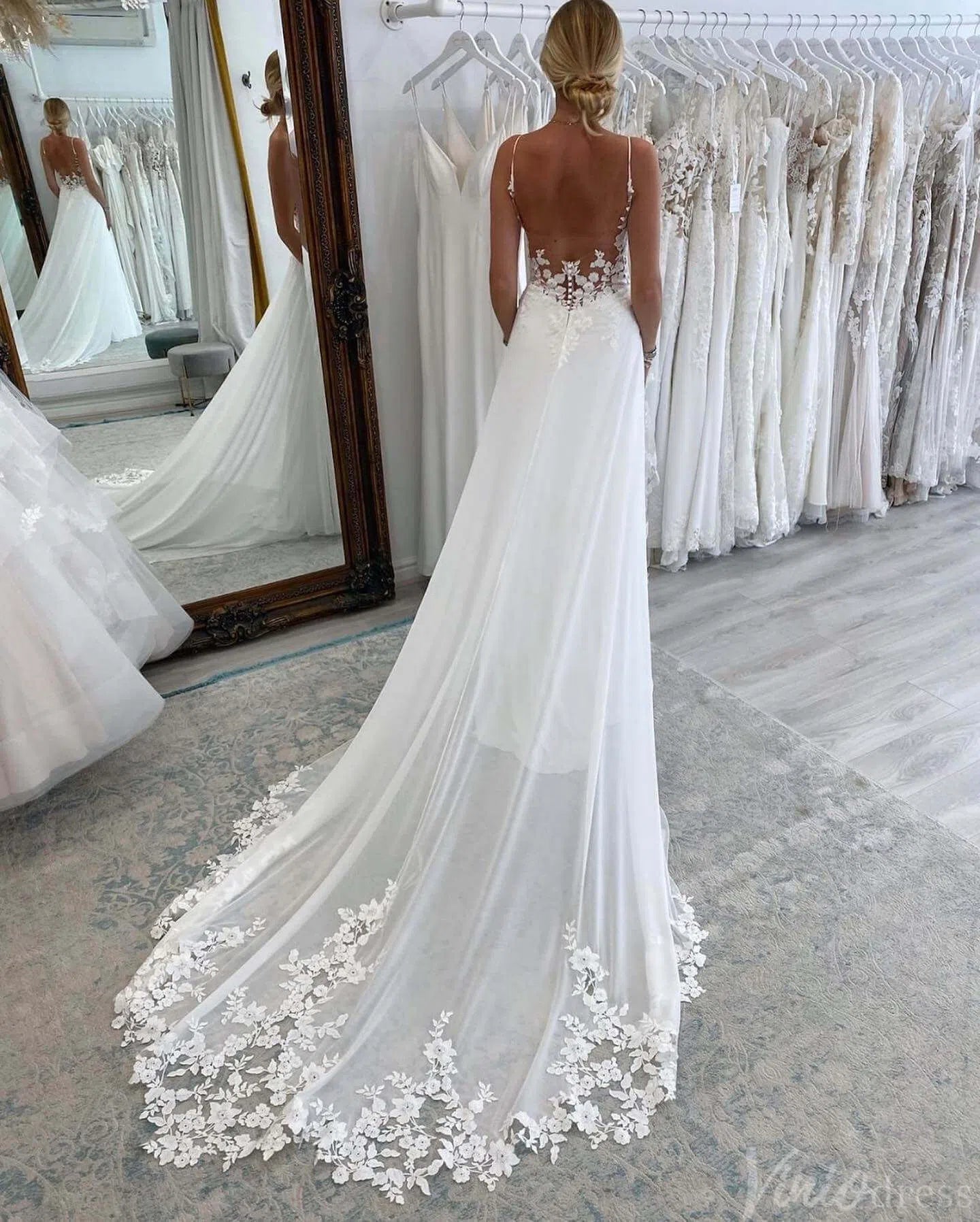 Spaghetti Strap Chiffon Beach Wedding Dress | Plunging V-Neck A-Line Gown with Lace Asymmetric Train AW1004-wedding dresses 2025 -Viniodress-Ivory-Custom Size-