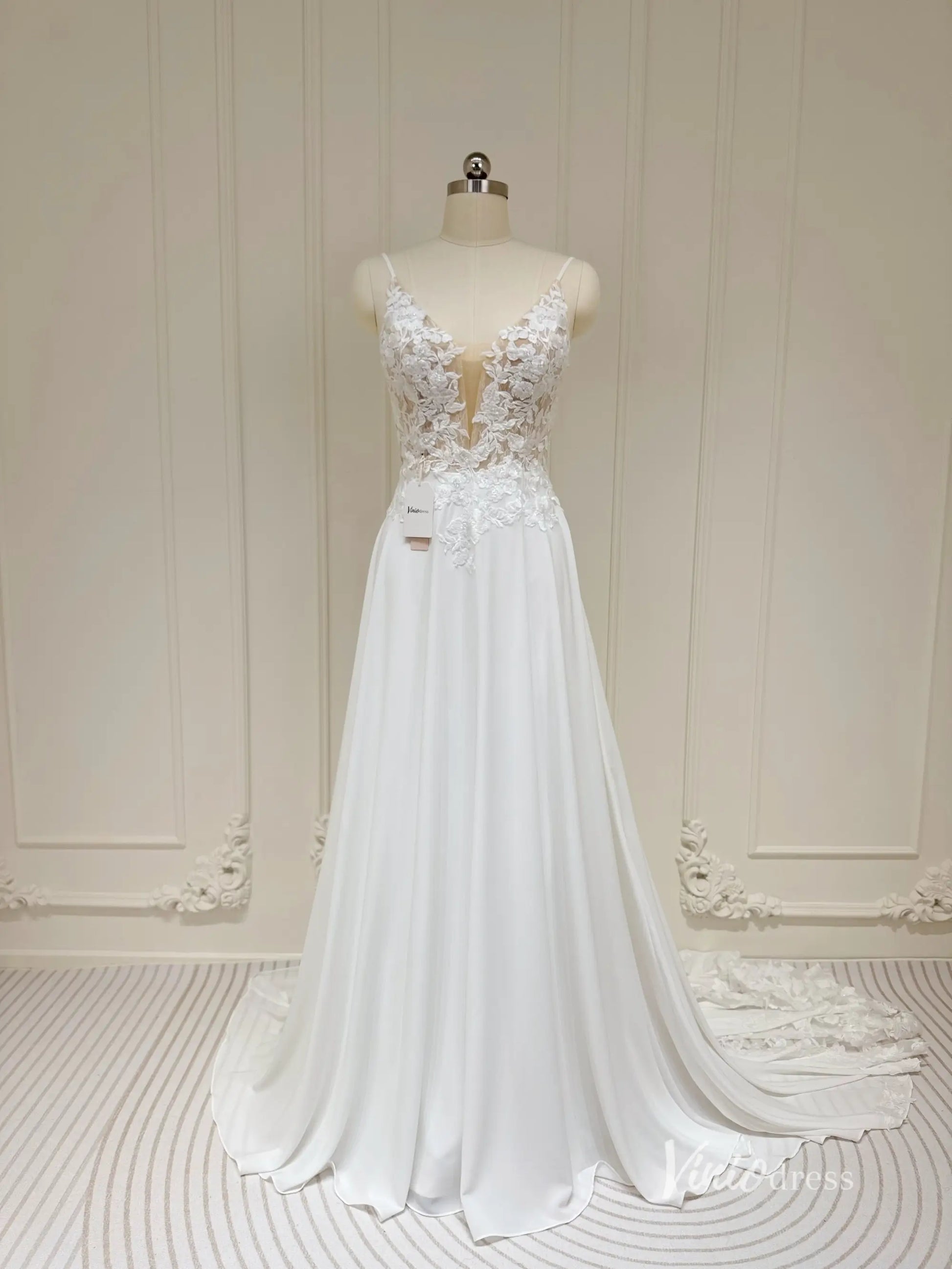 Spaghetti Strap Chiffon Beach Wedding Dress | Plunging V-Neck A-Line Gown with Lace Asymmetric Train AW1004-wedding dresses 2025 -Viniodress-Ivory-Custom Size-