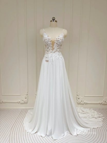 Spaghetti Strap Chiffon Beach Wedding Dress | Plunging V-Neck A-Line Gown with Lace Asymmetric Train AW1004-wedding dresses 2025 -Viniodress-Ivory-Custom Size-