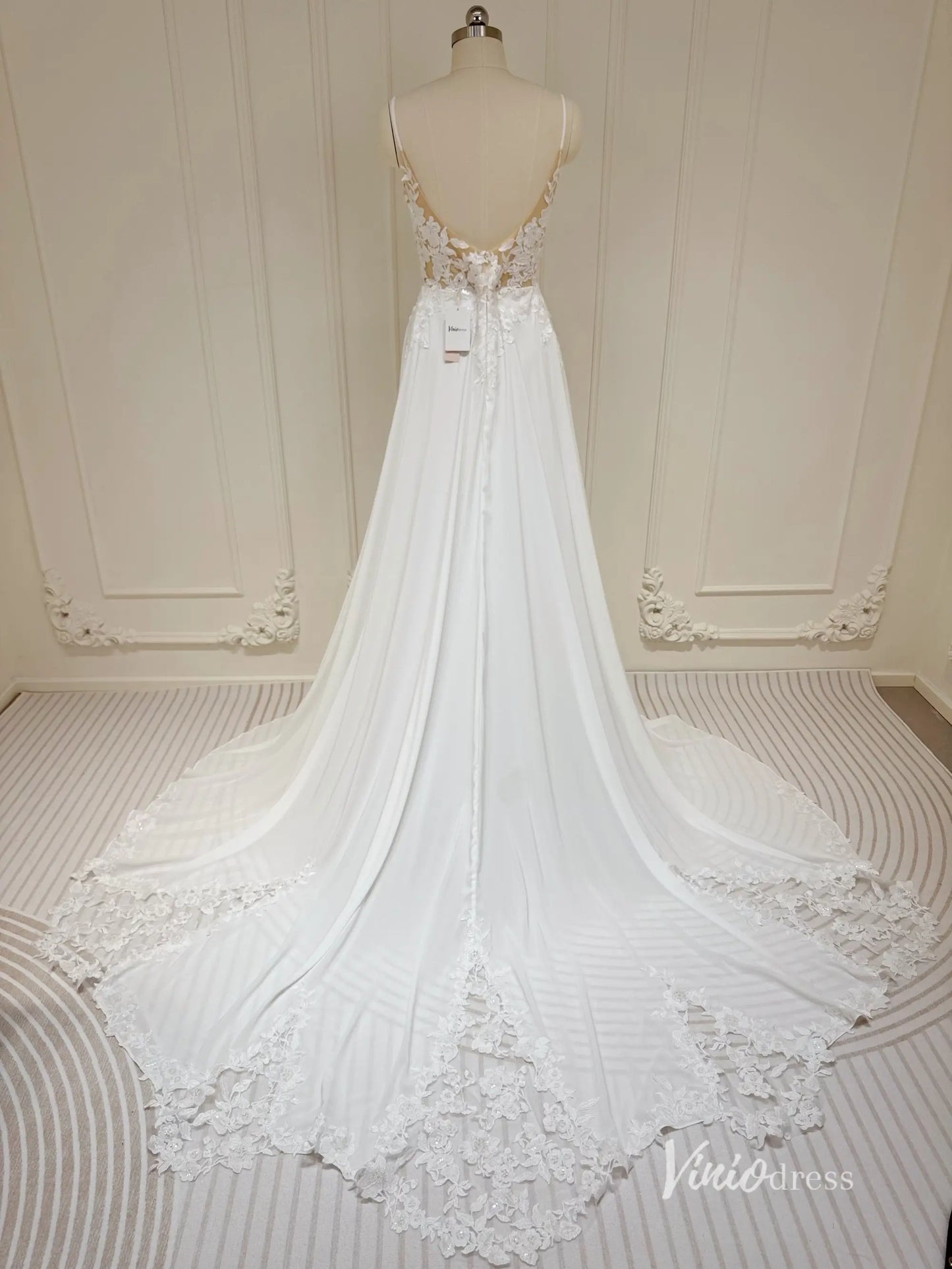 Spaghetti Strap Chiffon Beach Wedding Dress | Plunging V-Neck A-Line Gown with Lace Asymmetric Train AW1004-wedding dresses 2025 -Viniodress-Ivory-Custom Size-