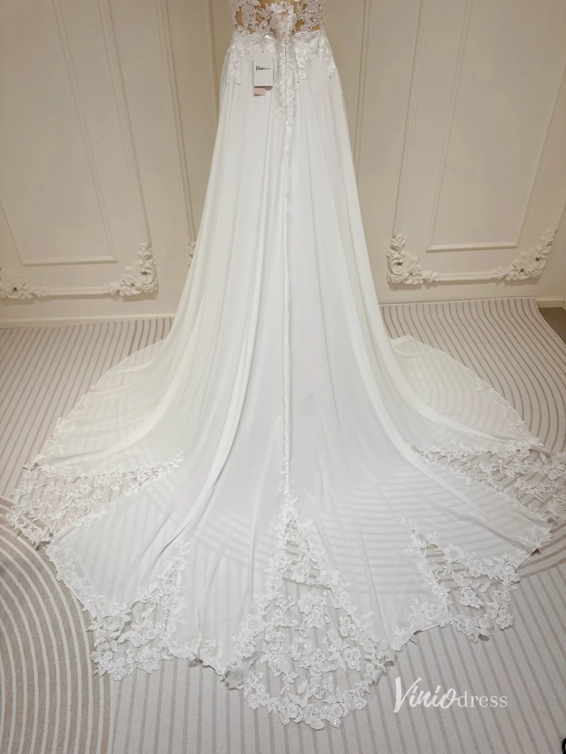 Spaghetti Strap Chiffon Beach Wedding Dress | Plunging V-Neck A-Line Gown with Lace Asymmetric Train AW1004-wedding dresses 2025 -Viniodress-Ivory-Custom Size-