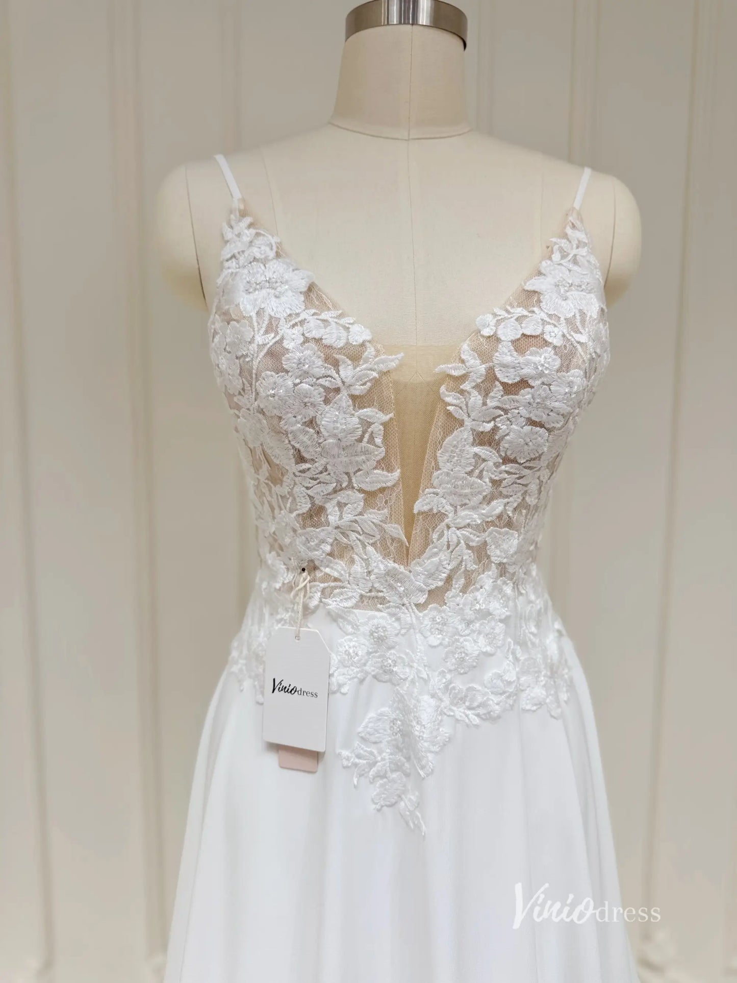 Spaghetti Strap Chiffon Beach Wedding Dress | Plunging V-Neck A-Line Gown with Lace Asymmetric Train AW1004-wedding dresses 2025 -Viniodress-Ivory-Custom Size-