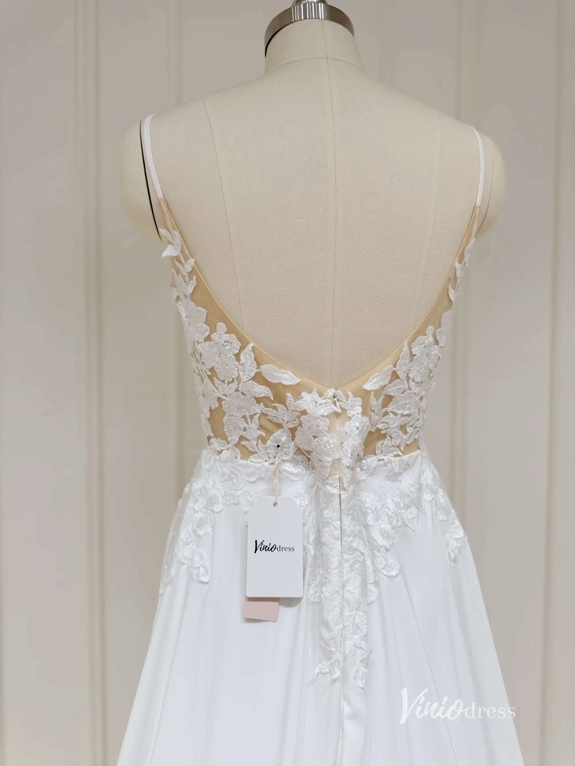 Spaghetti Strap Chiffon Beach Wedding Dress | Plunging V-Neck A-Line Gown with Lace Asymmetric Train AW1004-wedding dresses 2025 -Viniodress-Ivory-Custom Size-