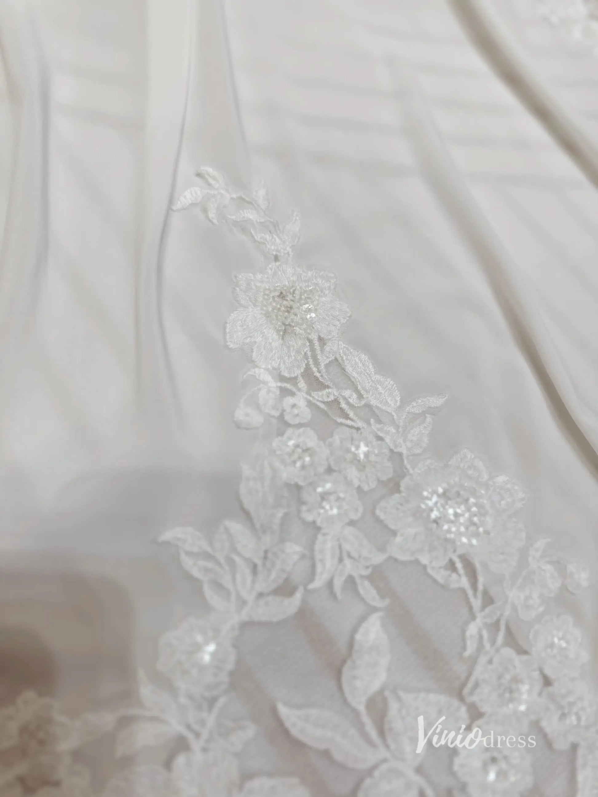 Spaghetti Strap Chiffon Beach Wedding Dress | Plunging V-Neck A-Line Gown with Lace Asymmetric Train AW1004-wedding dresses 2025 -Viniodress-Ivory-Custom Size-