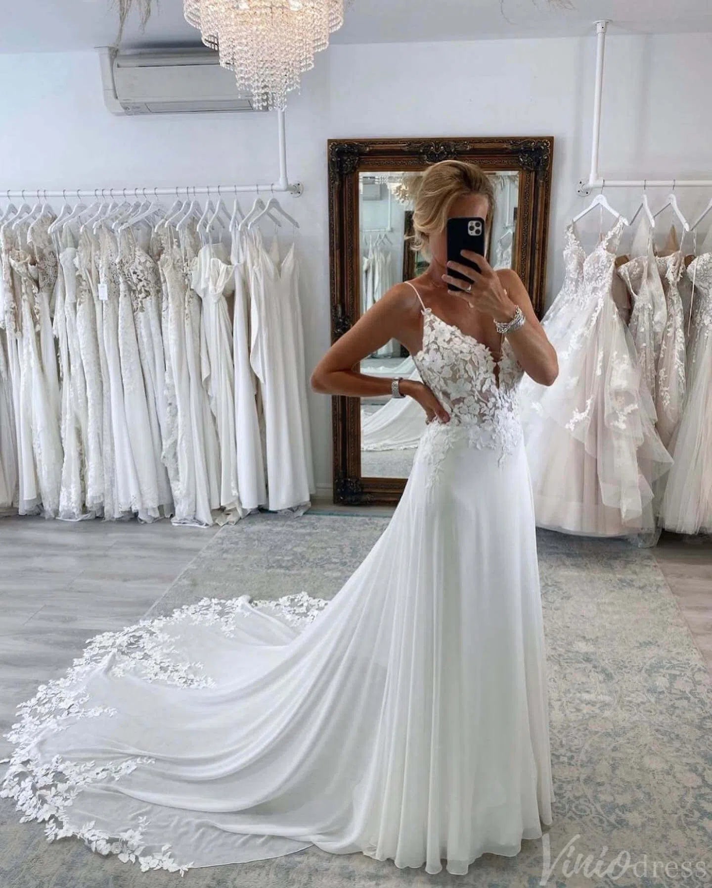 Spaghetti Strap Chiffon Beach Wedding Dress | Plunging V-Neck A-Line Gown with Lace Asymmetric Train AW1004-wedding dresses 2025 -Viniodress-Ivory-Custom Size-