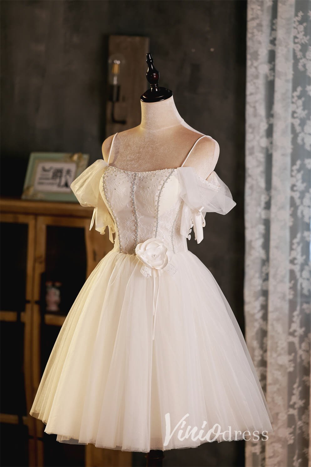 Spaghetti Strap Cute Homecoming Dresses Cold Shoulder Graduation Dress SD1448-Dresses 2025 -Viniodress-Ivory-Custom Size-
