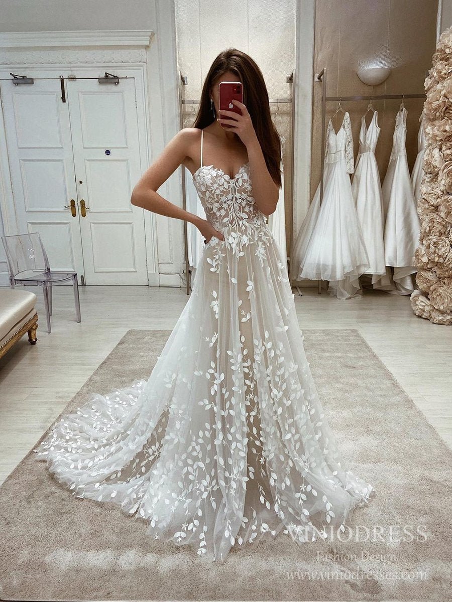 Spaghetti Strap Floral Rustic Wedding Dresses VW1859-wedding dresses 2025 -Viniodress-As Picture-Custom Size-