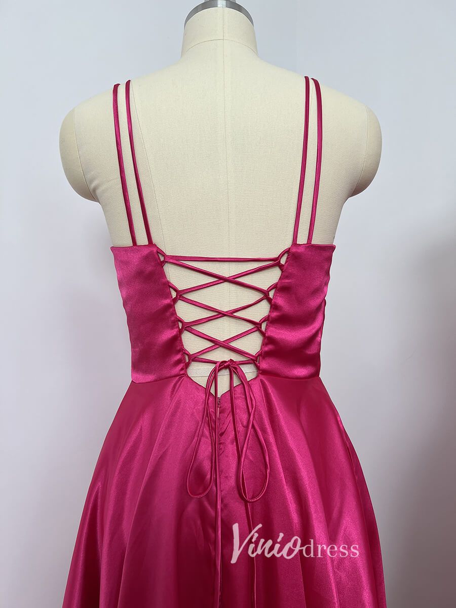 Prom Dress 2025 Spaghetti Strap Fuchsia Satin Long Prom Dresses with Pockets FD2549-unique prom dresses-Fuchsia-Custom Size-Viniodress