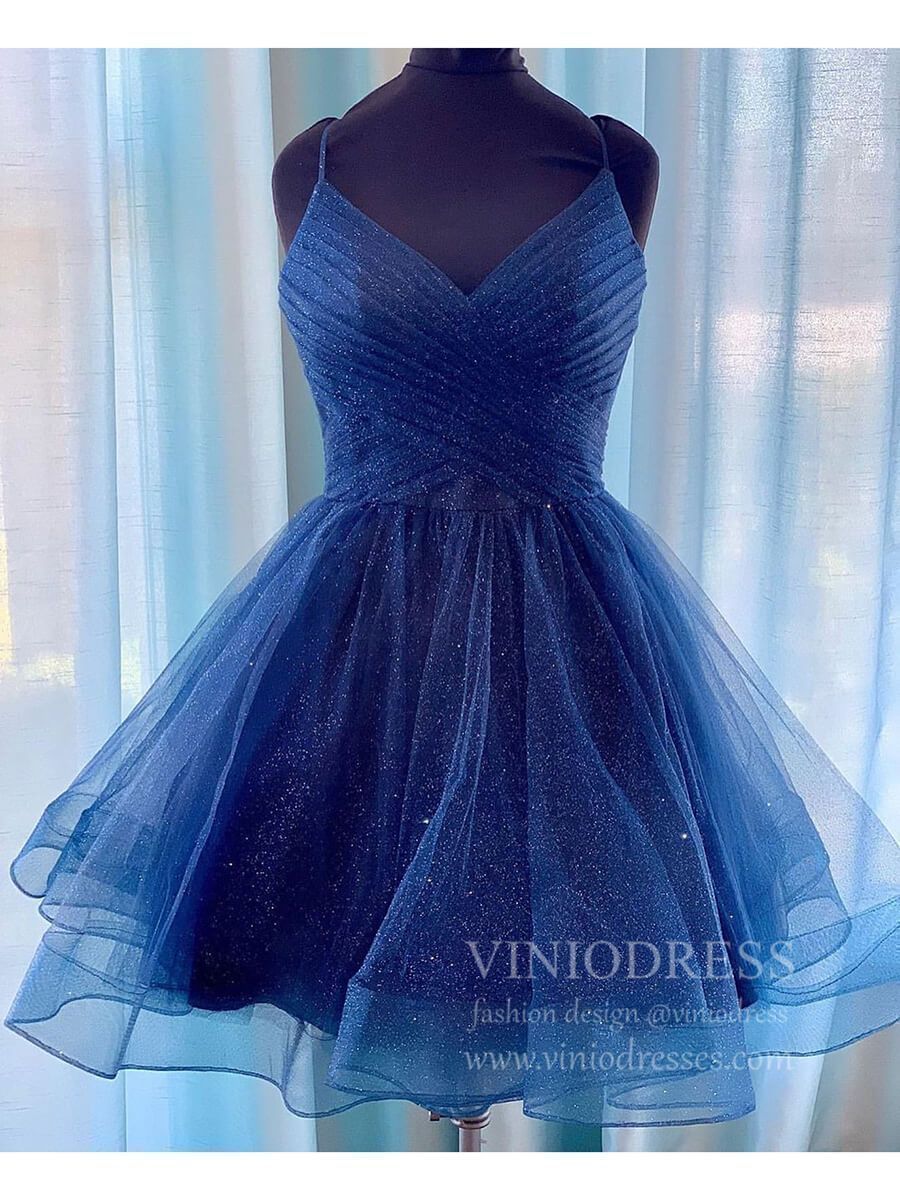 Short Prom Dresses 2025 Spaghetti Strap Glittery Blue Homecoming Dresses SD1153B-homecoming dresses-Viniodress-Navy Blue-Custom Size-Viniodress