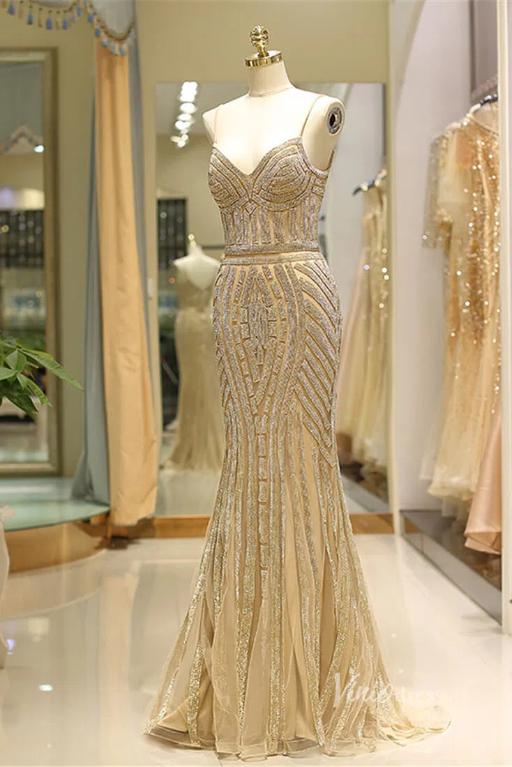 Spaghetti Strap Gold Beaded Prom Dresses Mermaid Formal Dress FD1372-prom dresses-Viniodress-Viniodress