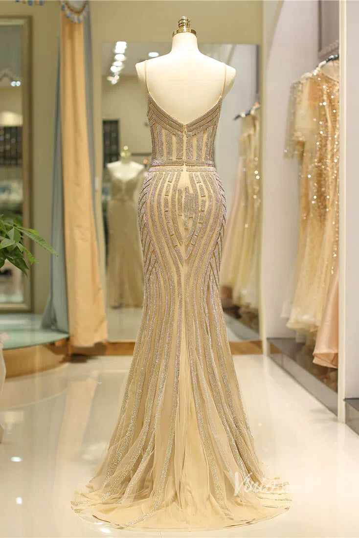 Spaghetti Strap Gold Beaded Prom Dresses Mermaid Formal Dress FD1372-prom dresses-Viniodress-Viniodress