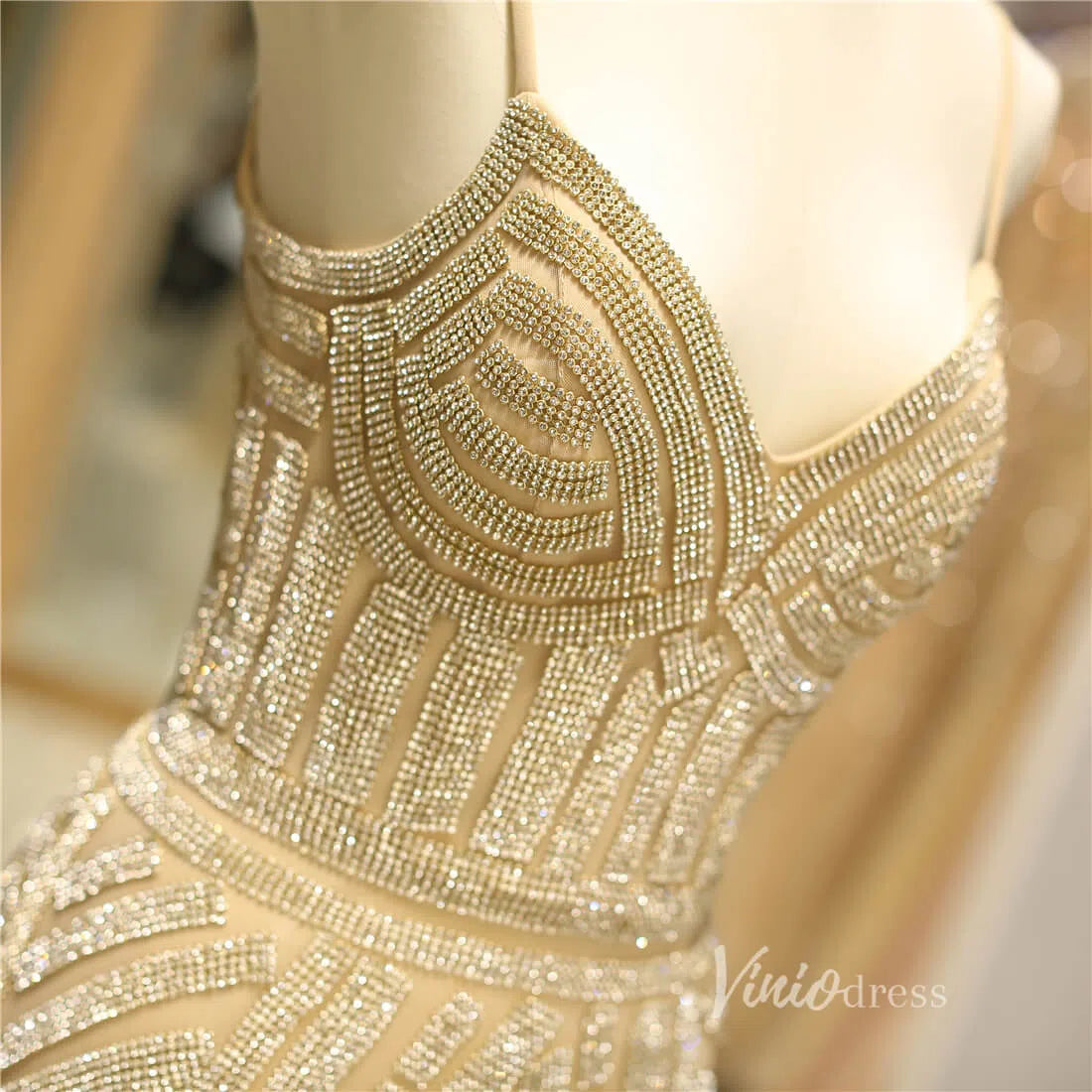 Spaghetti Strap Gold Beaded Prom Dresses Mermaid Formal Dress FD1372-prom dresses-Viniodress-Viniodress