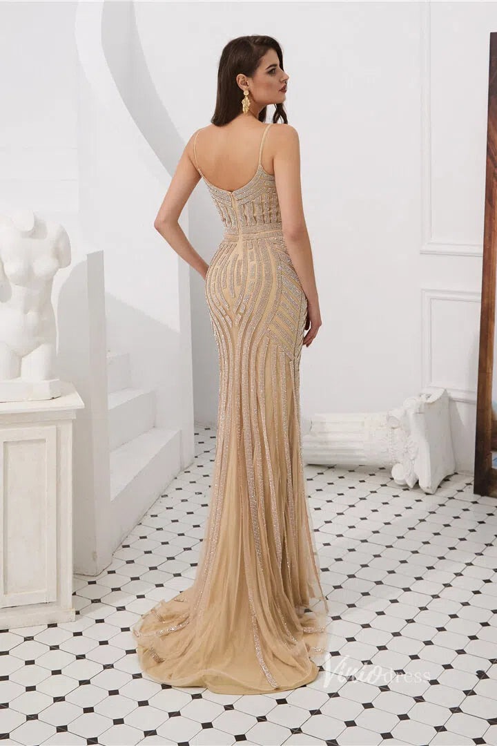 Spaghetti Strap Gold Beaded Prom Dresses Mermaid Formal Dress FD1372-prom dresses-Viniodress-Viniodress