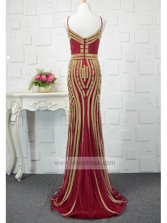 Spaghetti Strap Gold Beaded Prom Dresses Mermaid Formal Dress FD1372-prom dresses-Viniodress-Viniodress