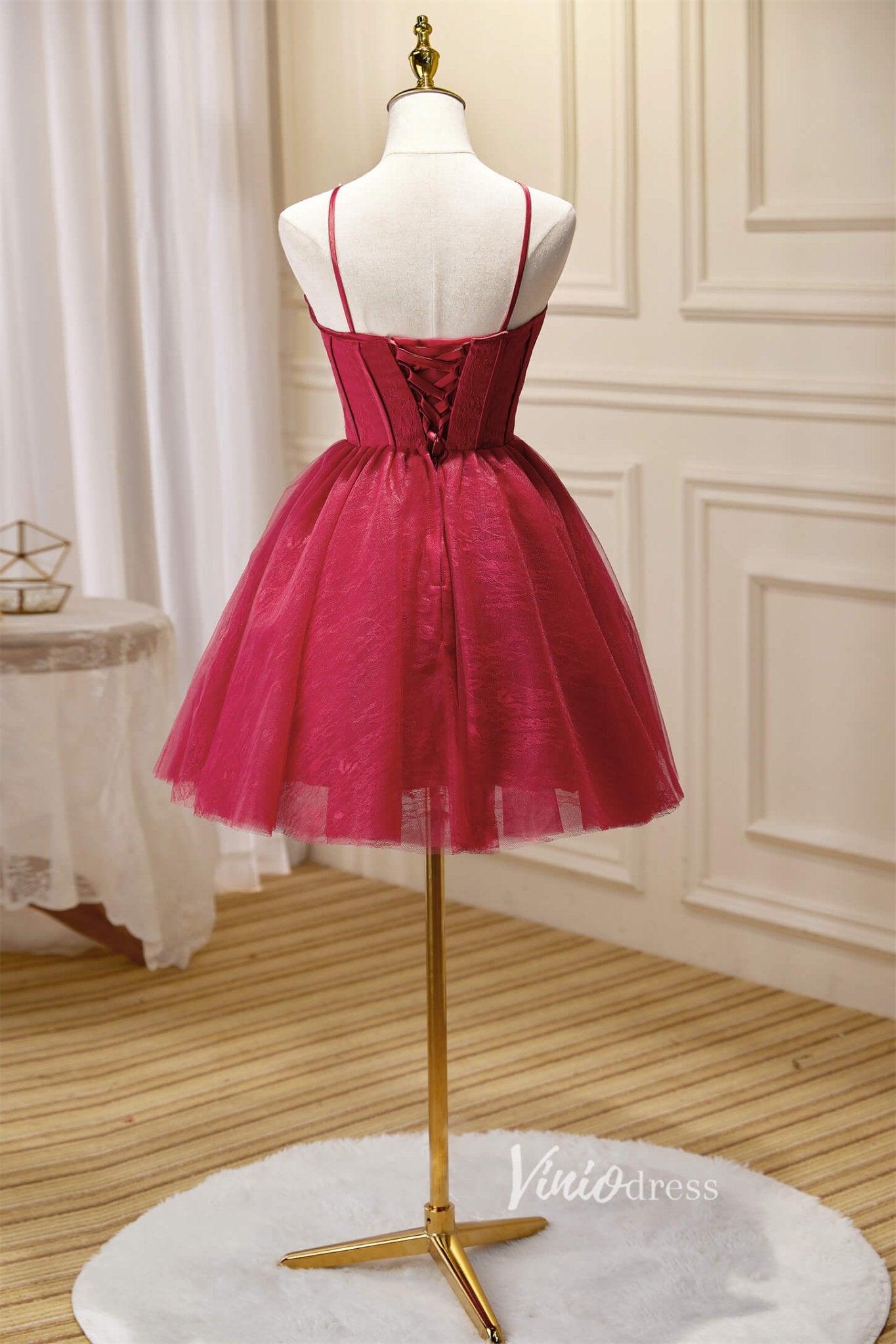 Spaghetti strap Hoco Dresses Tulle A-Line Graduation Dresses SD1541-Dresses 2025 -Viniodress-Burgundy-Custom Size-