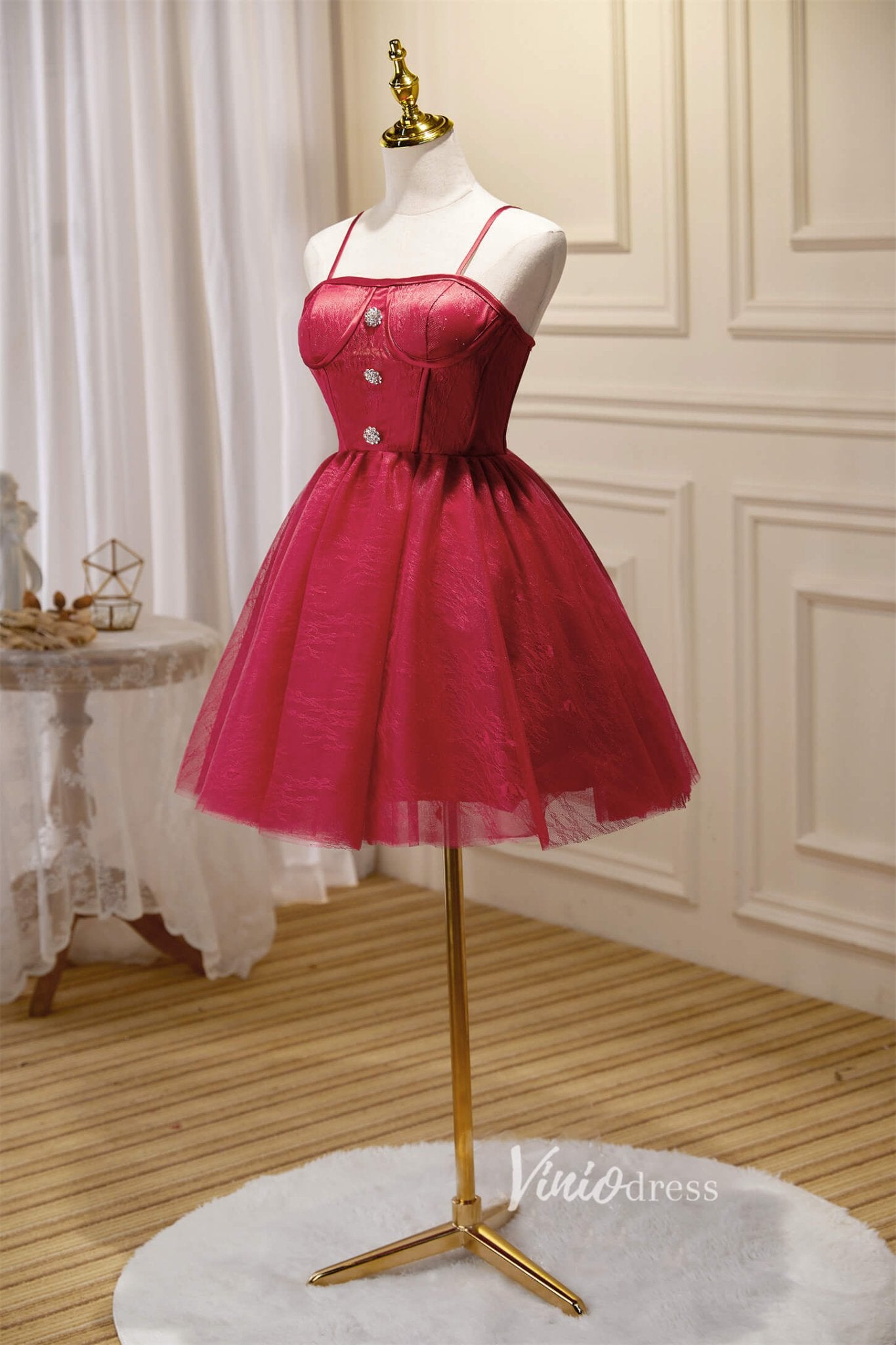 Spaghetti strap Hoco Dresses Tulle A-Line Graduation Dresses SD1541-Dresses 2025 -Viniodress-Burgundy-Custom Size-