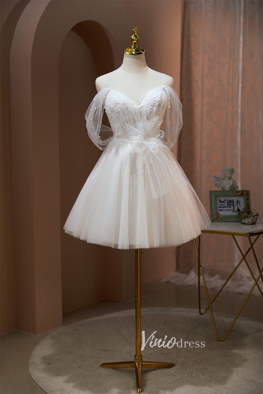 Spaghetti Strap Homecoming Dresses Off the Shoulder Tulle Graduation Dress SD1507-Dresses 2025 -Viniodress-Ivory-Custom Size-