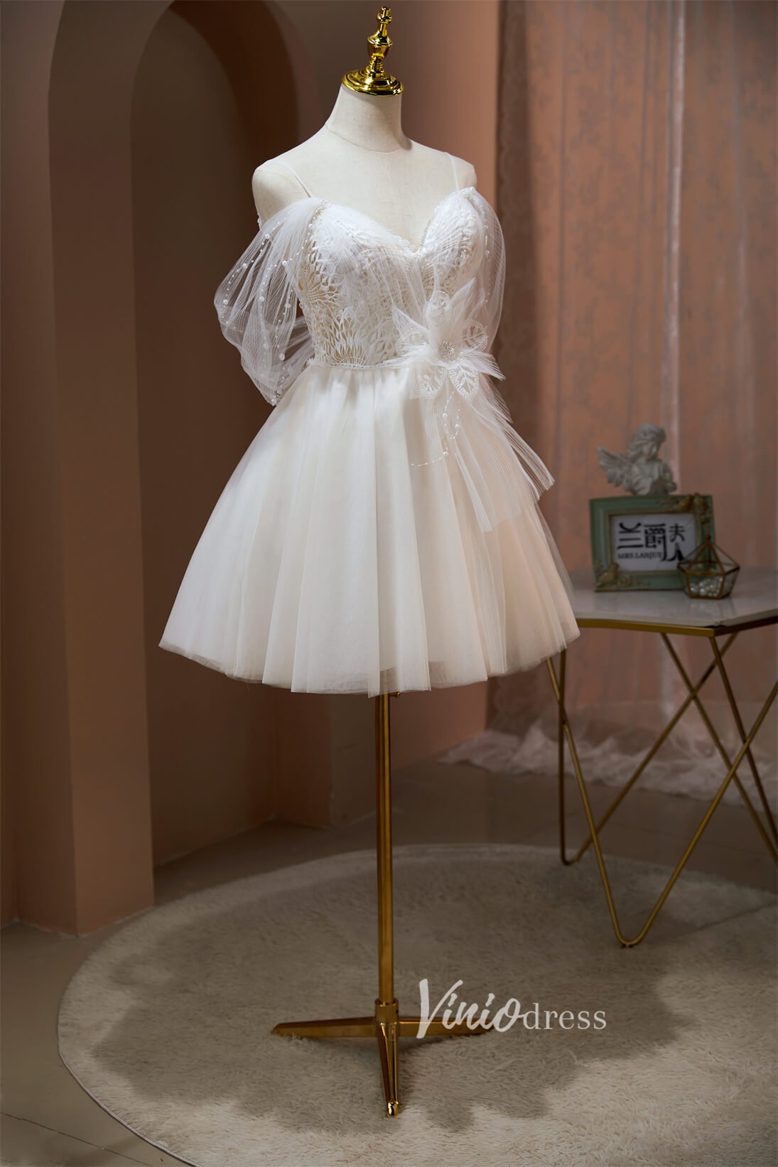Spaghetti Strap Homecoming Dresses Off the Shoulder Tulle Graduation Dress SD1507-Dresses 2025 -Viniodress-Ivory-Custom Size-