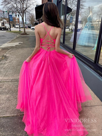 Spaghetti Strap Hot Pink Tulle Prom Dresses with Slit FD2544-prom dresses 2025 -Viniodress-Hot Pink-Custom Size-