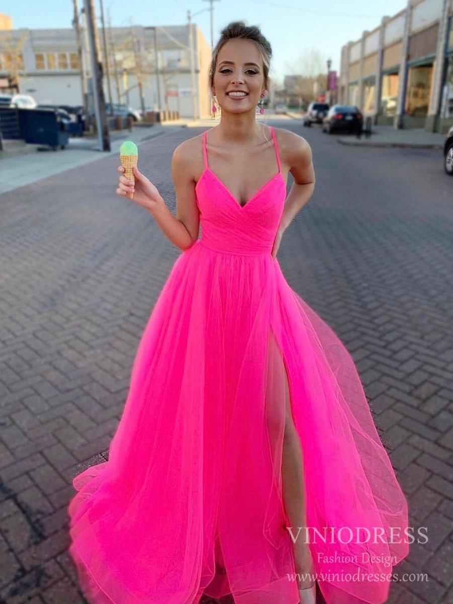 Spaghetti Strap Hot Pink Tulle Prom Dresses with Slit FD2544-prom dresses 2025 -Viniodress-Hot Pink-Custom Size-