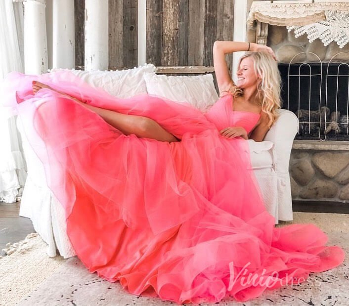 Spaghetti Strap Hot Pink Tulle Prom Dresses with Slit FD2544-prom dresses 2025 -Viniodress-Hot Pink-Custom Size-