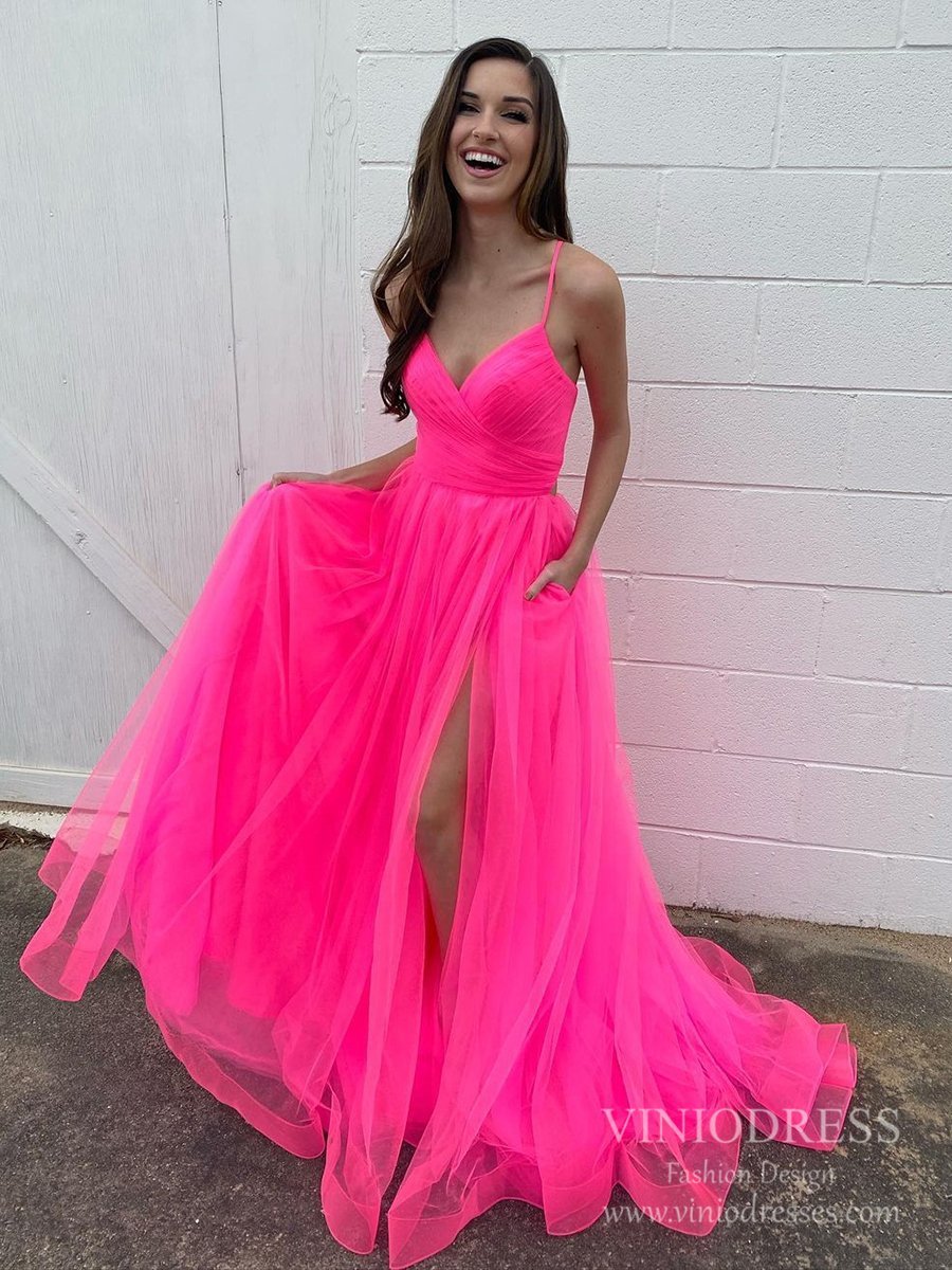 Prom Dress 2025 Spaghetti Strap Hot Pink Tulle Prom Dresses with Slit FD2544-unique prom dresses-Hot Pink-Custom Size-Viniodress