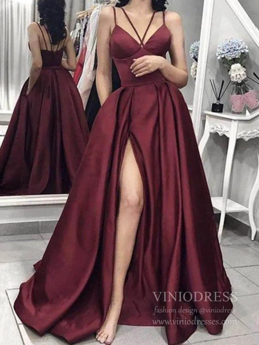 Spaghetti Strap Hunter Green Satin Prom Dresses with Slit FD1405-prom dresses 2025 -Viniodress-Burgundy-Custom Size-