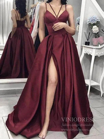 slim fit dress slacks Spaghetti Strap Hunter Green Satin Prom Dresses with Slit FD1405 –  Viniodress