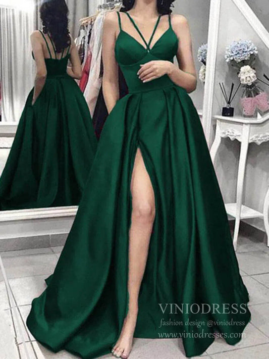Spaghetti Strap Hunter Green Satin Prom Dresses with Slit FD1405-prom dresses 2025 -Viniodress-Green-Custom Size-
