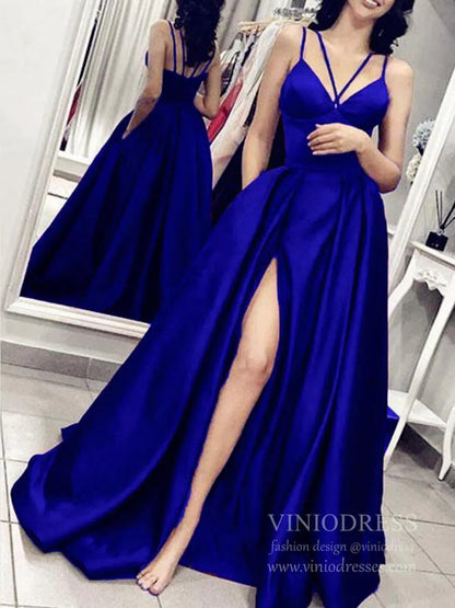 Spaghetti Strap Hunter Green Satin Prom Dresses with Slit FD1405-prom dresses 2025 -Viniodress-Royal Blue-Custom Size-