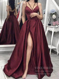 Spaghetti Strap Hunter Green Satin Prom Dresses with Slit FD1405-prom dresses-Viniodress-Burgundy-Custom Size-Viniodress