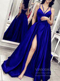 Spaghetti Strap Hunter Green Satin Prom Dresses with Slit FD1405-prom dresses-Viniodress-Royal Blue-Custom Size-Viniodress