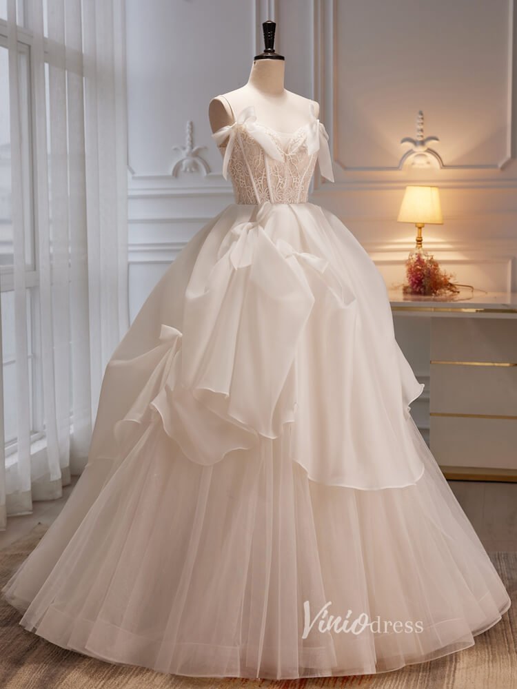 Spaghetti Strap Ivory Ball Gown Tulle Prom Dress with Bow FD3528 –  Viniodress