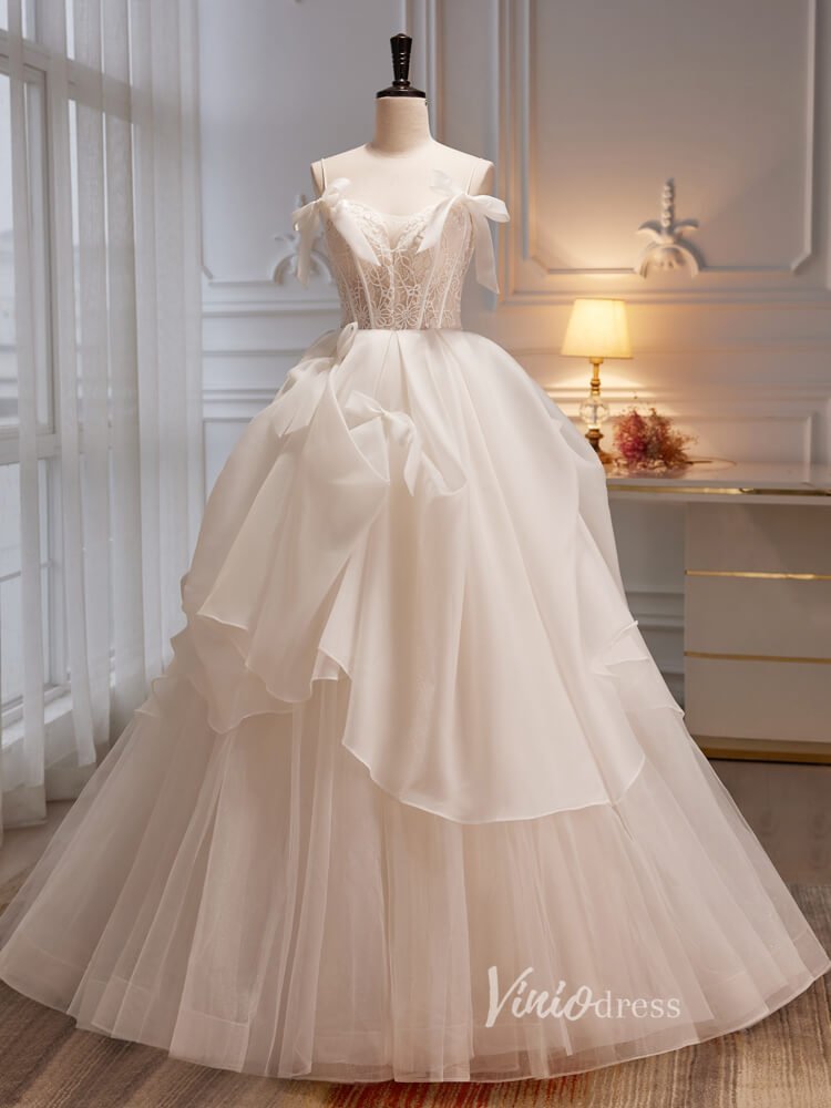 Spaghetti Strap Ivory Ball Gown Tulle Prom Dress with Bow FD3528-prom dresses 2025 -Viniodress-Ivory-Custom Size-