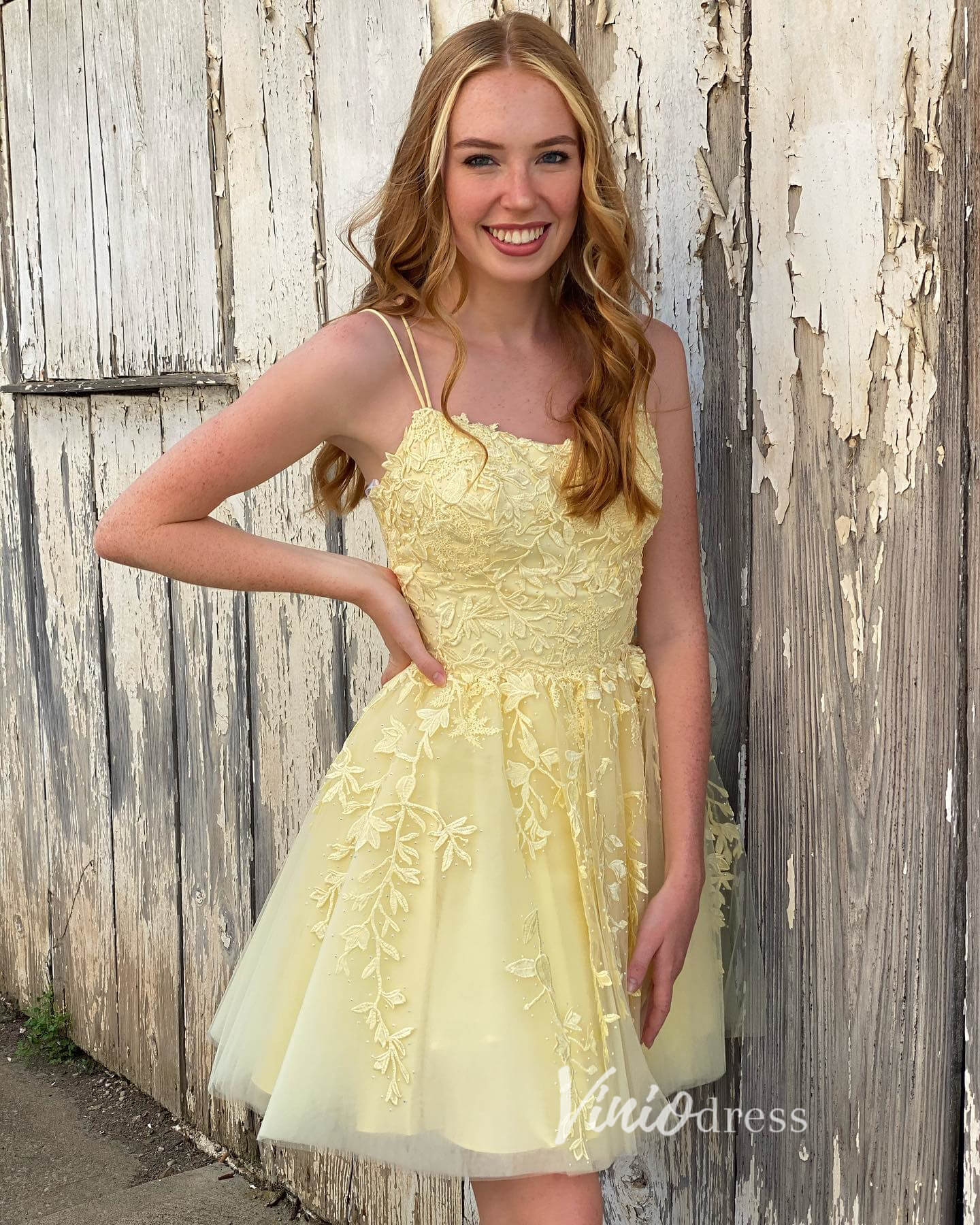 Spaghetti Strap Lace Appliqued Homecoming Dresses SD1177S-Homecoming Dresses 2025 -Viniodress-Hot Pink-Custom Size-