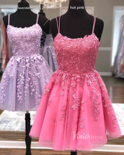 Spaghetti Strap Lace Appliqued Homecoming Dresses SD1177S-Homecoming Dresses 2025 -Viniodress-Hot Pink-Custom Size-