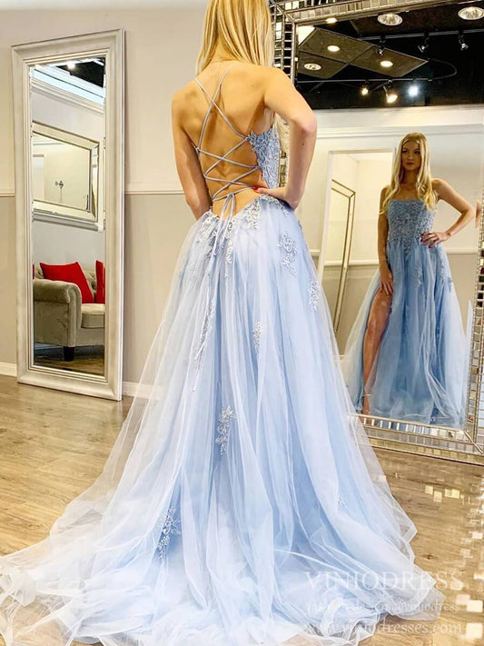 Spaghetti Strap Lace Appliqued Prom Dresses Light Blue Formal Gown FD1579-prom dresses 2025 -Viniodress-Light Blue-Custom Size-