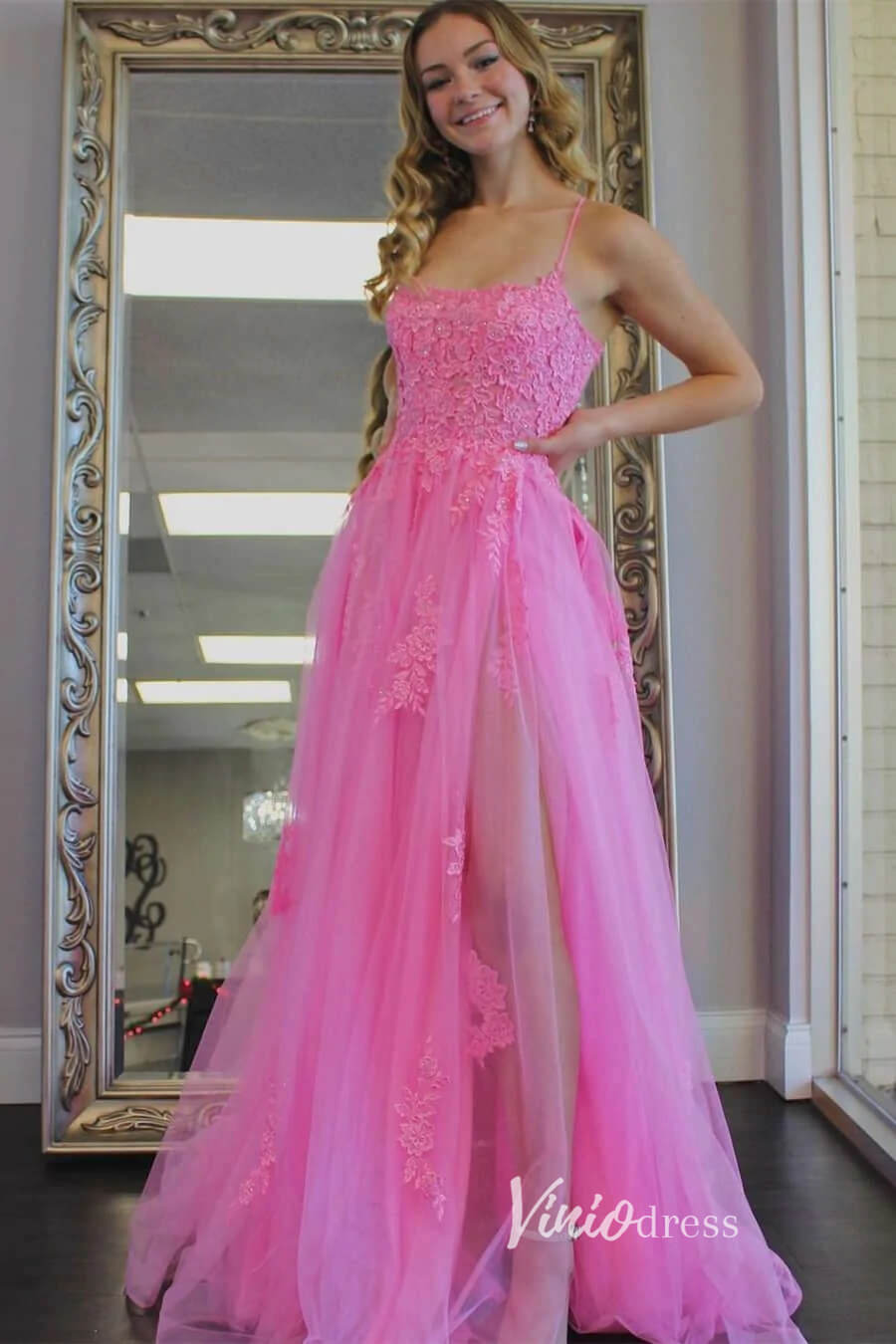 Spaghetti Strap Lace Appliqued Prom Dresses Light Blue Formal Gown FD1579-prom dresses 2025 -Viniodress-Hot Pink-Custom Size-