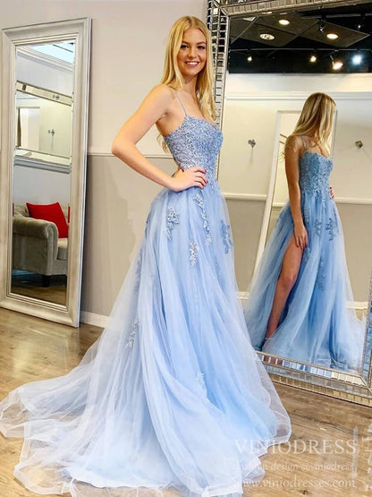 Spaghetti Strap Lace Appliqued Prom Dresses Light Blue Formal Gown FD1579-prom dresses 2025 -Viniodress-Light Blue-Custom Size-