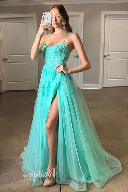 Spaghetti Strap Lace Appliqued Prom Dresses Light Blue Formal Gown FD1579-prom dresses 2025 -Viniodress-Light Blue-Custom Size-