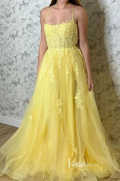 Spaghetti Strap Lace Appliqued Prom Dresses Light Blue Formal Gown FD1579-prom dresses 2025 -Viniodress-Yellow-Custom Size-