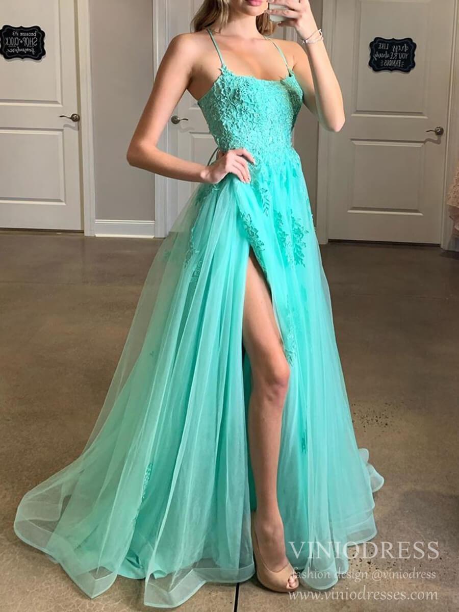 Prom Dress 2025 Spaghetti Strap Lace Appliqued Prom Dresses Light Blue Formal Gown FD1579-unique prom dresses-Light Blue-Custom Size-Viniodress