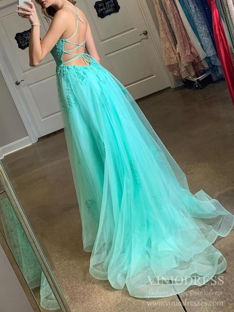 Prom Dress 2025 Spaghetti Strap Lace Appliqued Prom Dresses Light Blue Formal Gown FD1579-unique prom dresses-Light Blue-Custom Size-Viniodress