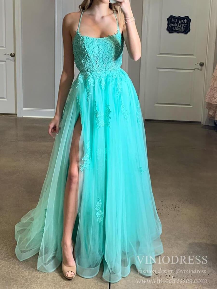 Prom Dress 2025 Spaghetti Strap Lace Appliqued Prom Dresses Light Blue Formal Gown FD1579-unique prom dresses-Turquoise-Custom Size-Viniodress