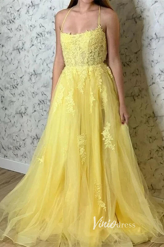 Prom Dress 2025 Spaghetti Strap Lace Appliqued Prom Dresses Light Blue Formal Gown FD1579-unique prom dresses-Yellow-Custom Size-Viniodress